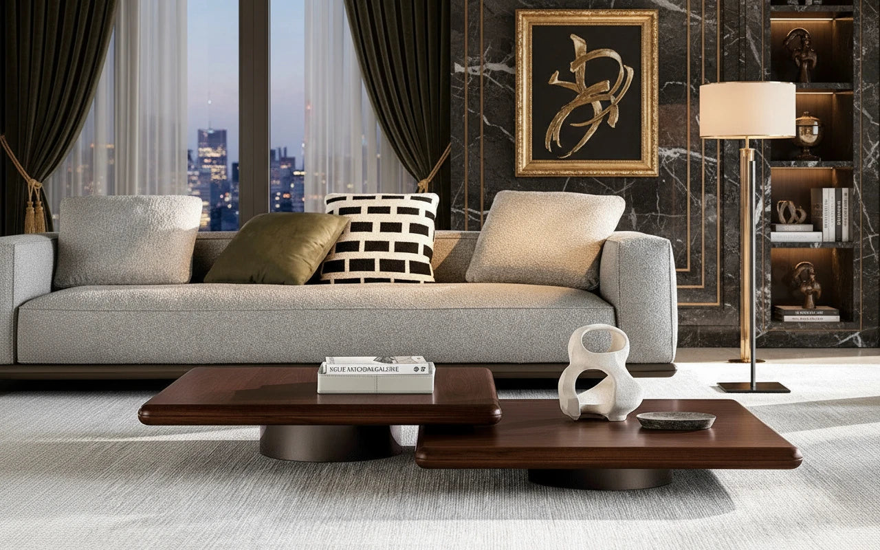Alpine Wooden Coffee Table with Cylindrical Base