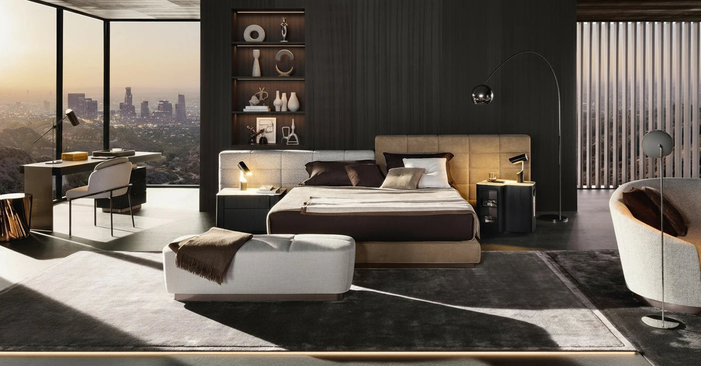 Cosmo Fabric Platform Bed with Double Headboard