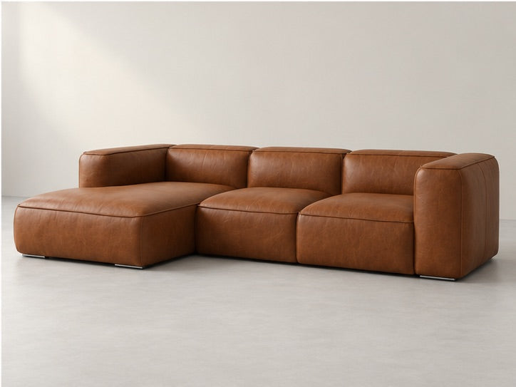 Zevar Low Corner Sofa – 349 cm — Cognac Leather; generated visualisation
