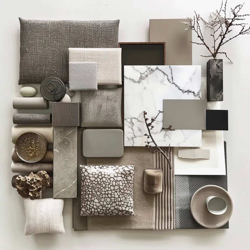 A curated selection of neutral fabrics, stone and material samples for an interior design consultation