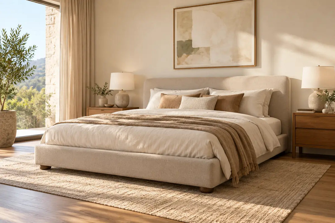 Conceptual upholstered bed and bedside furniture in a neutral bedroom