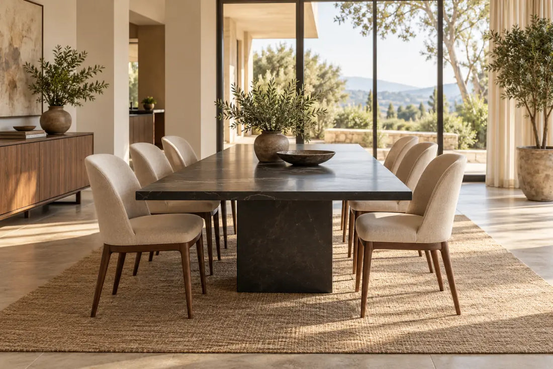 Conceptual stone-top dining table with chairs and surrounding room space