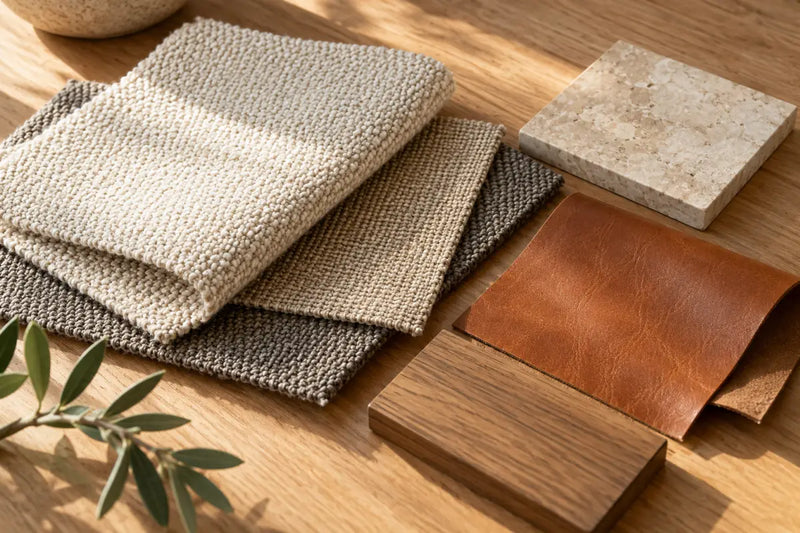 Illustrative fabric, leather, timber and stone samples on a worktable