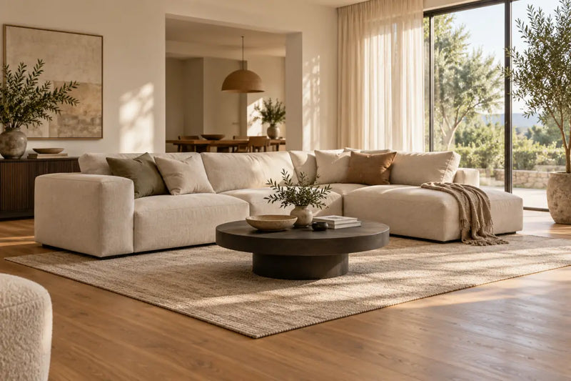 Conceptual neutral modular sofa and round table in a sunlit living room