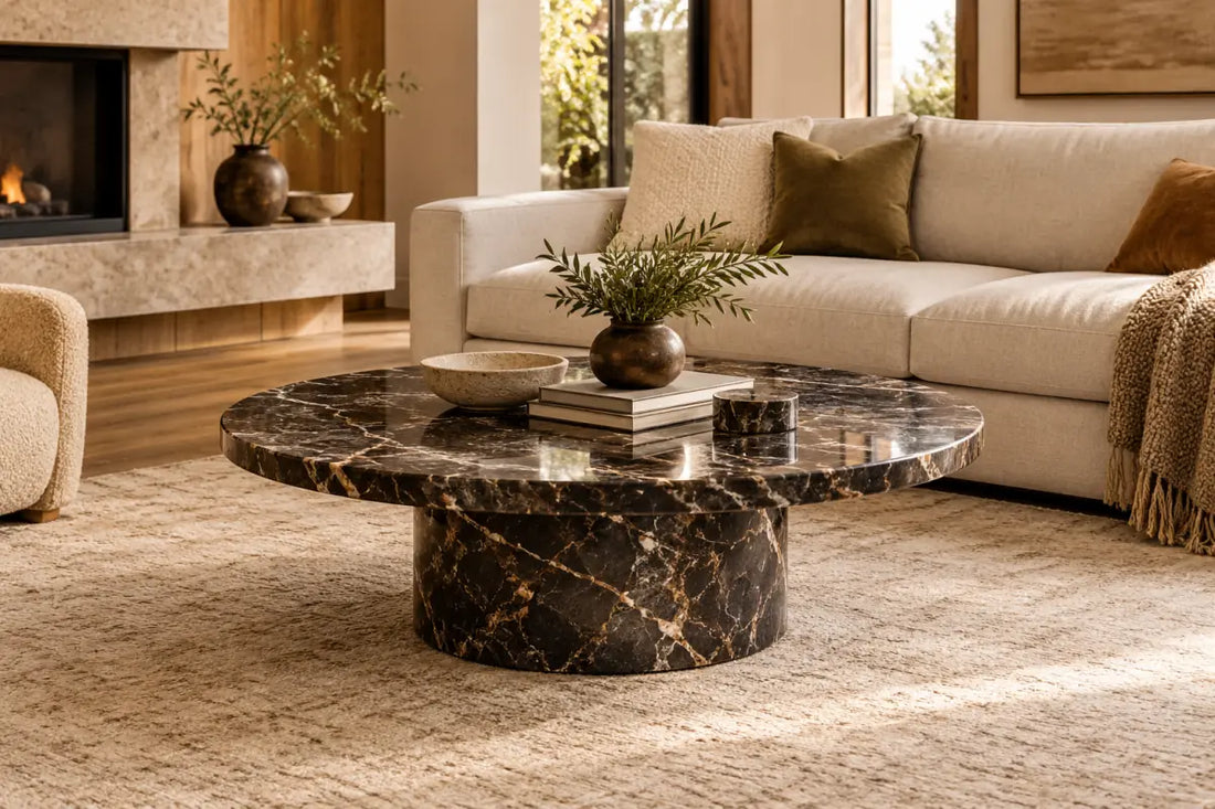 Conceptual round stone coffee table beside a neutral sofa