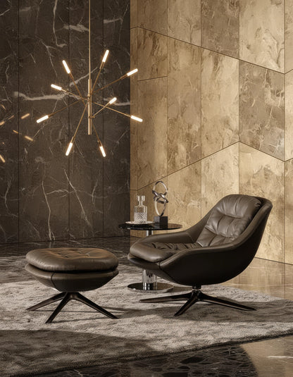 Gaxe Leather Swivel Armchair with Footstool