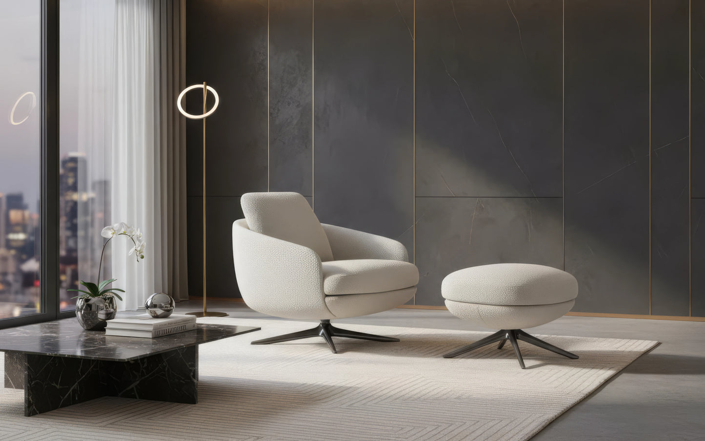 Rafe Fabric Swivel Armchair with Footstool