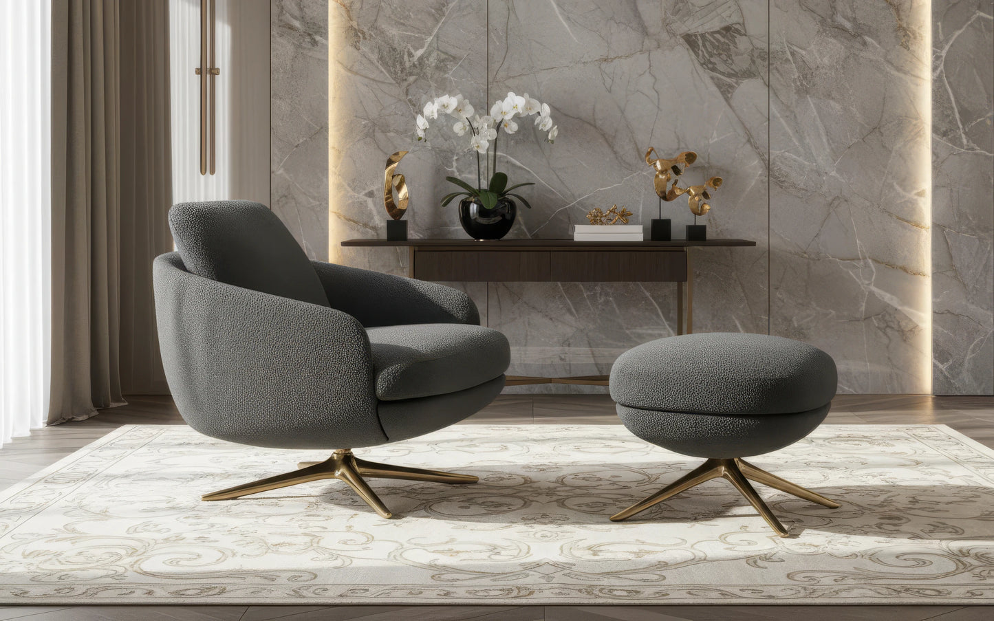 Rafe Fabric Swivel Armchair with Footstool
