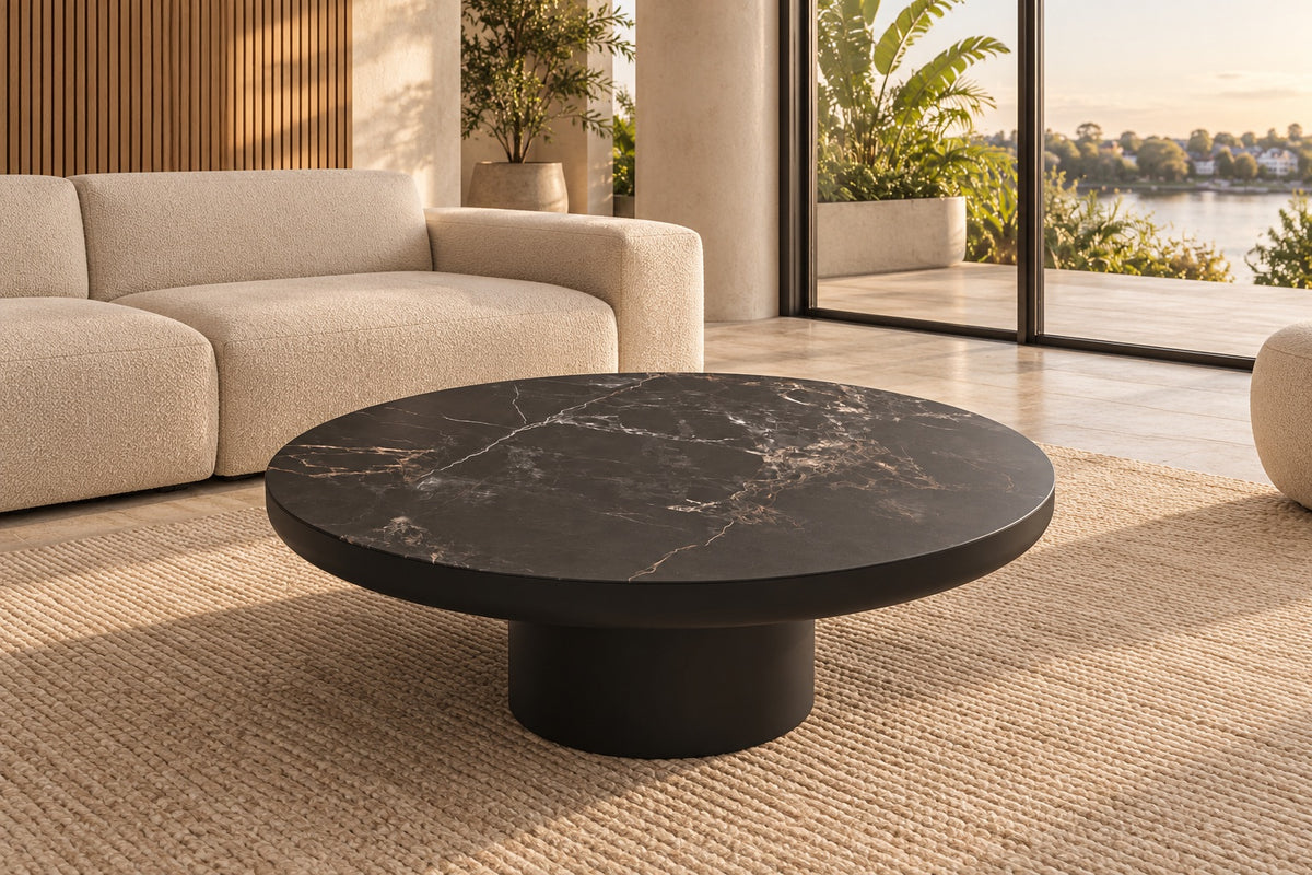 Ash Marble 120cm Round Coffee Table — Australian room styling visualisation