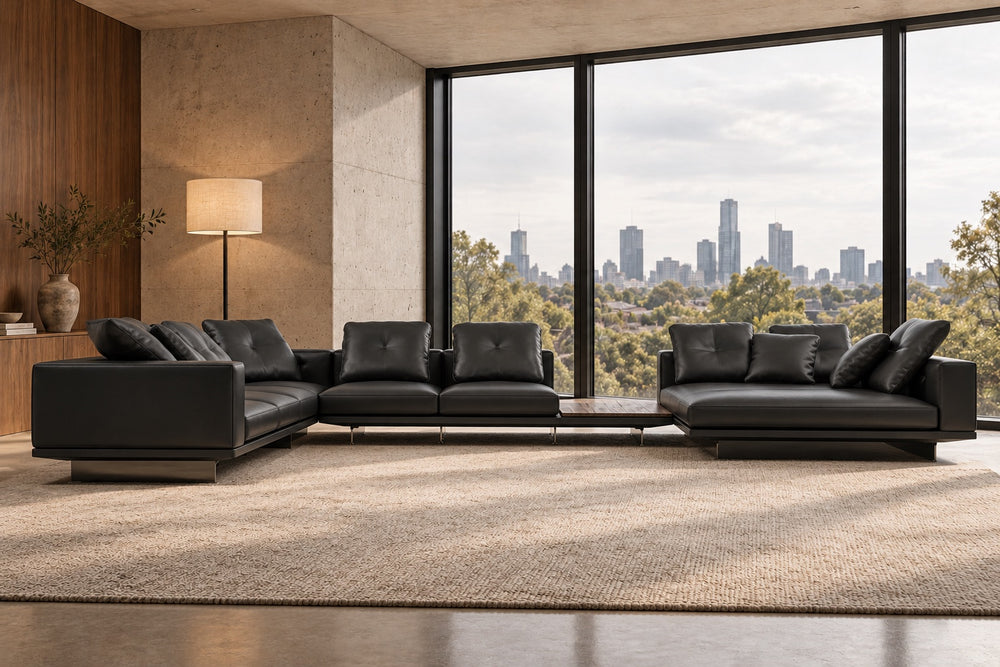 Coen 6-Seater Leather Chaise Lounge Set — Australian room styling visualisation