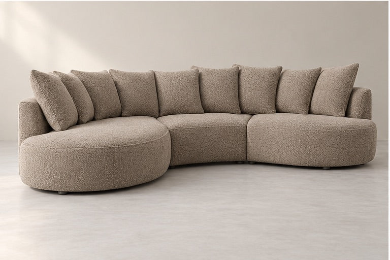 Caliora Curved Corner Sofa – 333 cm — Taupe Bouclé; generated visualisation