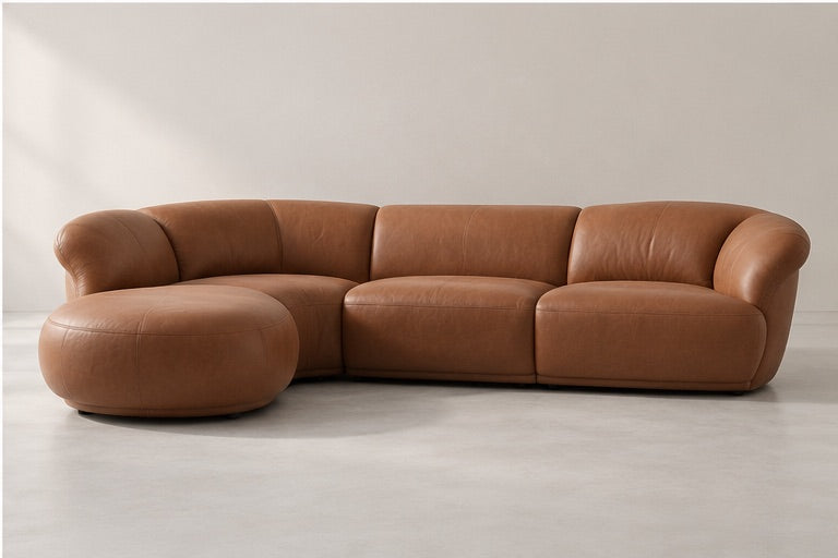 Norven Curved Corner Sofa – 312 cm — Cognac Leather; generated visualisation