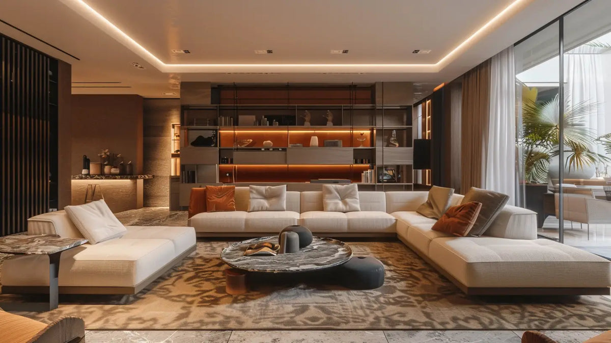 A softly upholstered designer sofa in a warm, contemporary interior